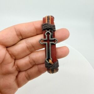 Brown Leather Cross Bracelet Adjustable Cord Boho Surf Wristband Statement Gift